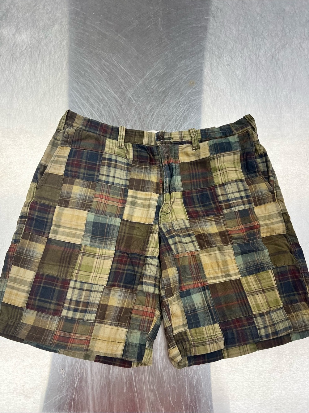 Eddie Bauer Patchwork Plaid Shorts - Olive, Navy, Tan Men’s 38